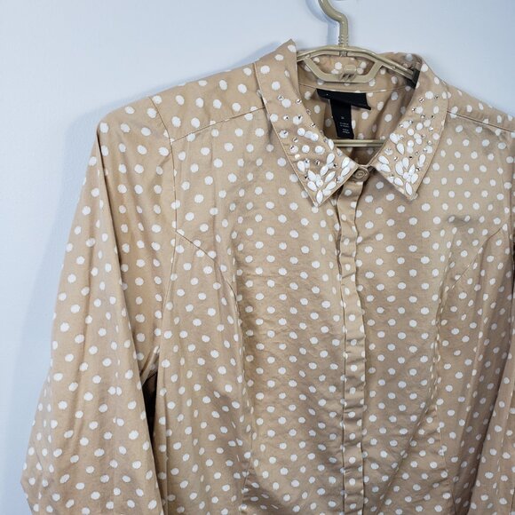 Lane Bryant Size 24 Top Hidden Button Tan White Polka Dot Embellished Shirt/A216 - Picture 2 of 10